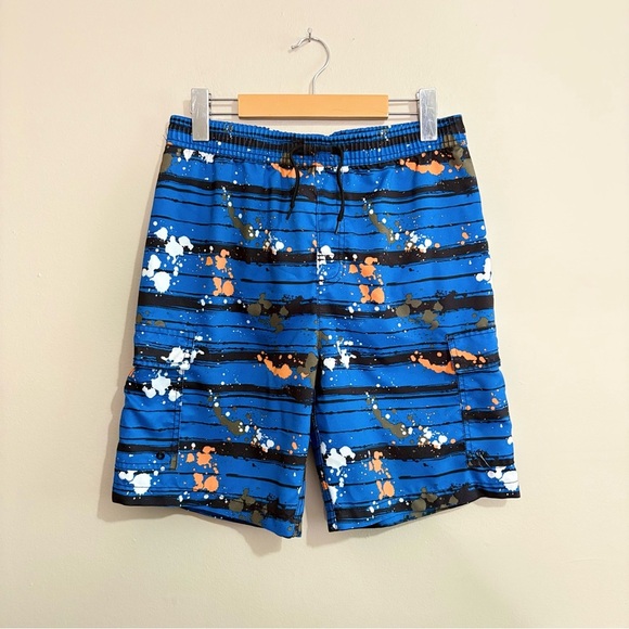 Blue & Orange Paint Splatter Striped Kids Swim Trunks w Mesh Lining - Picture 1 of 12